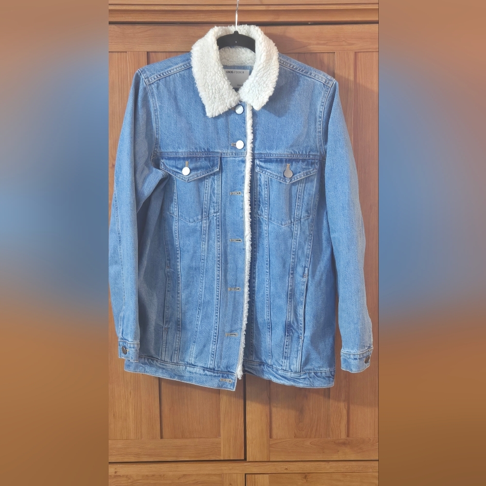 ASOS Blue Denim Jacket with White Sherpa Collar And Lining